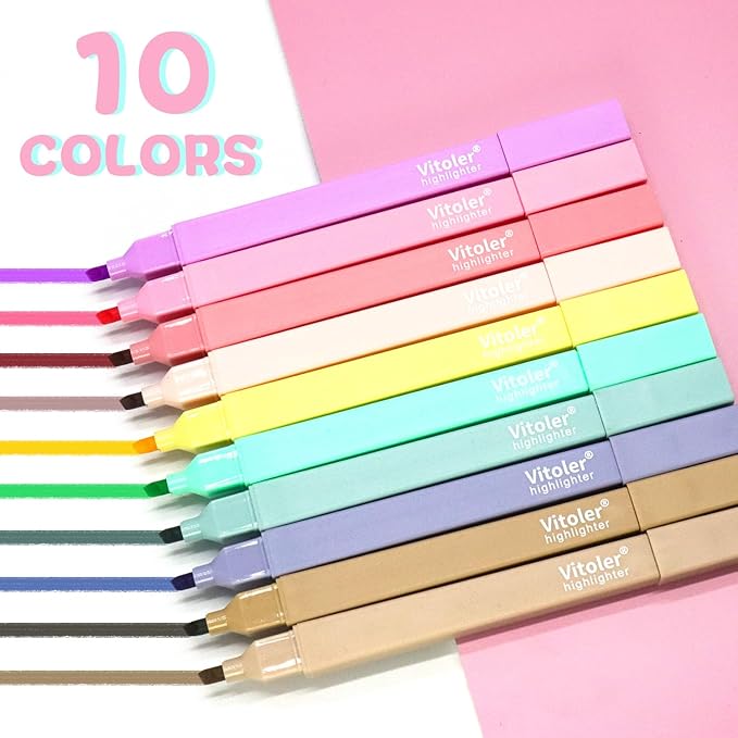 Vitoler 10 Pack Aesthetic Highlighters Soft Chisel Tip Bible Pastel Highlighters Cute Rainbow Color No Bleed Bible Highlighters,Great for Painting,Noting,Marking