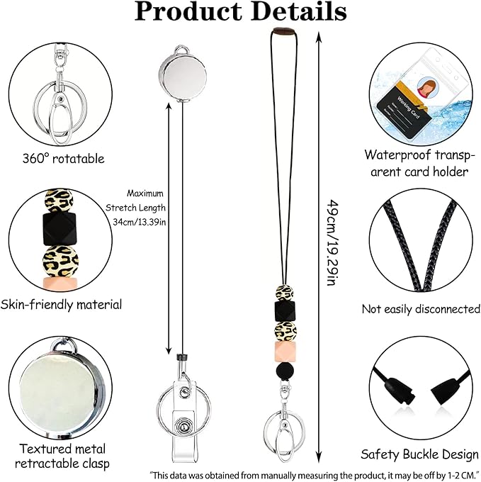 Colorful ID Badge Holder with Silicone Beads Lanyard Set,Cute Teacher Breakaway Lanyard for Keys & Keychain with Cute Retractable Badge Reel Holder,Gift for Women,Nurse, Teacher. (2 Leopard)