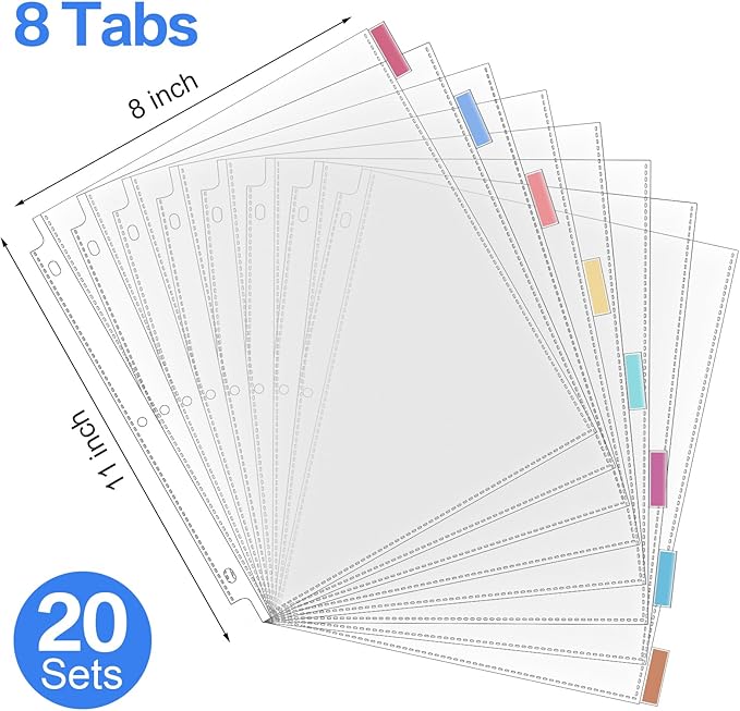 ReliThick 20 Set of 160 Pack Clear Binder Sheet Protectors with 8 Tabs Sturdy Binder Sheet Protectors for 3 Ring Plastic Page Insertable Index Divider, 8.5 x 11 Inch