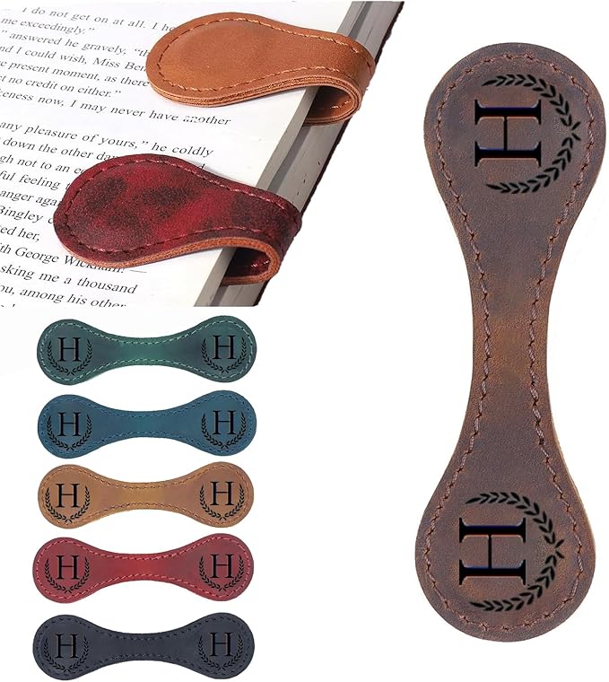 Personalized Magnetic Leather Bookmark, 26 Letters Custom Leather Bookmarks, Handmade, Leather Magnetic Bookmark for Book Lovers Readers Women Kid(Brown，H）