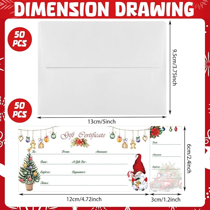 Sinmoe 50 Sets Gift Certificate for Business with 50 Pcs Envelopes Blank Gift Certificate Cards with Name and Address Rustic for Beauty Salon Restaurants Birthday (Xmas Style,4.72 x 2.36 Inch)