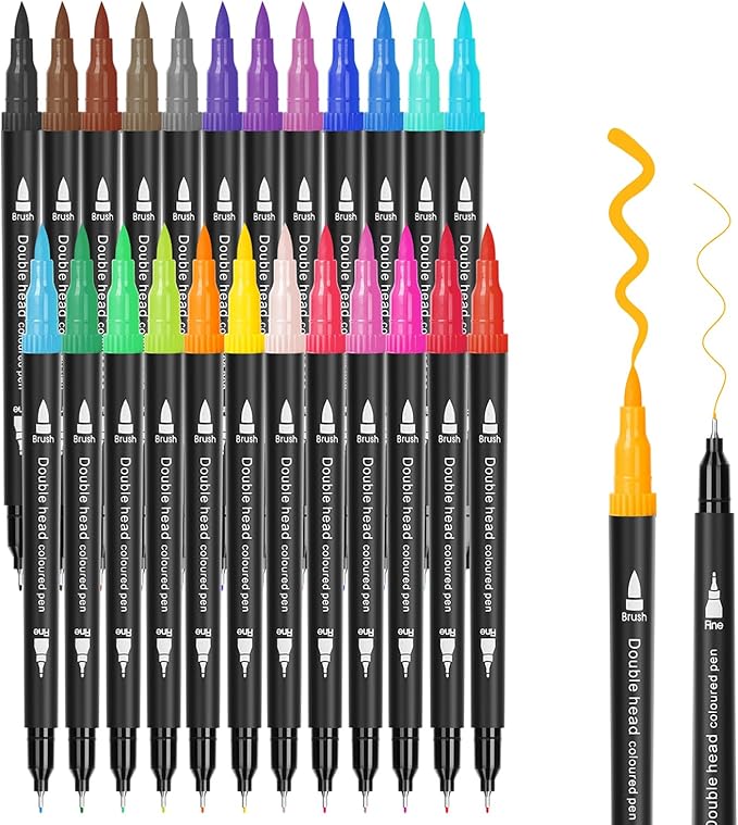 SMOOTHERPRO 24 Acrylic Paint Pens, Brush Tip (1-2mm) and 0.4mm Fineliner, Waterproof Acrylic Paint Markers for Adults Fabric Markers for Textile, Canvas, Rock, Glass, Wood, Paper, Pumpkin, DIY