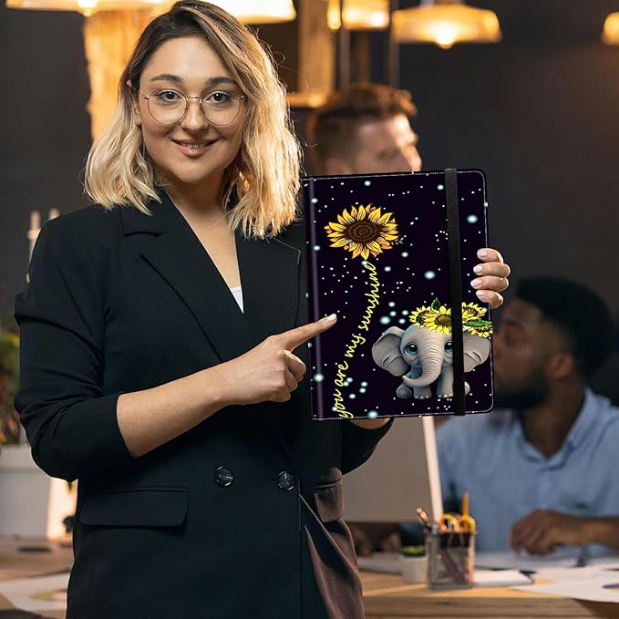 Padfolio Folder with Clipboard,Portfolios Organizer Clipboards with Storage Clipboard Writing Pad PU Leather Conference Document Organizer with Business Card Holder,Elephant Sunflower