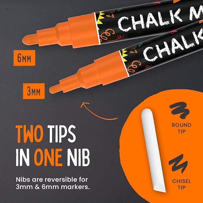5 Orange Chalkboard Chalk Markers - Orange Dry Erase Markers for Blackboard, Chalkboard Signs, Windows, Glass | Variety Pack - Fine & Jumbo Size Ink Pen (1mm, 3mm, 6mm, 10mm, 15mm)