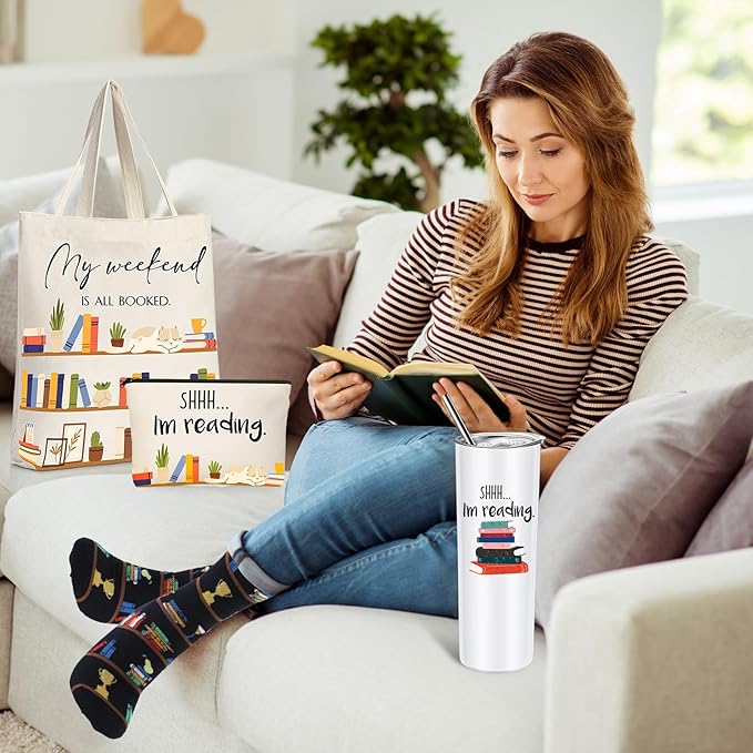 Silkfly 5 Pcs Book Lovers Gifts Set, Gifts for Book Lovers, Includes 20 oz Tumbler Socks Bookmark Tote Bag and Cosmetic Bag