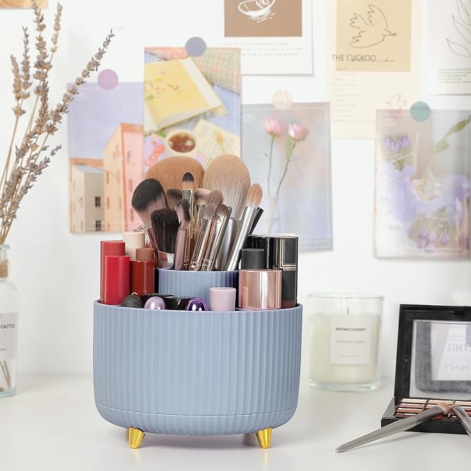 SKYDUE 360 Degree Rotating Desk Organizer, Dual-Purpose Pencil Pen Holder with 5 Slots, Pencil Cup for Office, School, Home (Airy Blue)