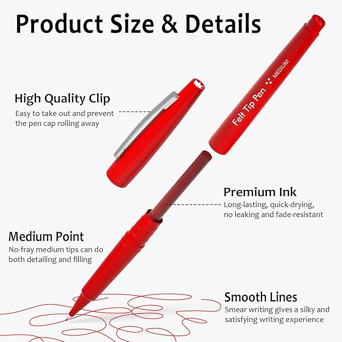 Lelix Felt Tip Pens, 30 Red Pens, 0.7mm Medium Point Felt Pens, Felt Tip Markers Pens for Journaling, Writing, Note Taking, Planner, Perfect for Art Office and School Supplies