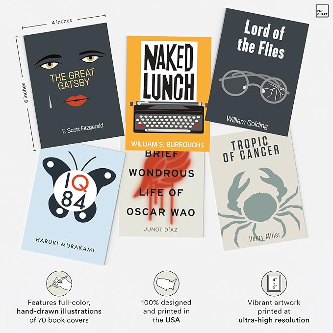 Pop Chart | Notable Novels Wall Collage Kit | 70 Pcs 4" x 6" Art Prints | Colorful Academic Decor for Home, Dorm, or Classroom | 100% Made in the USA