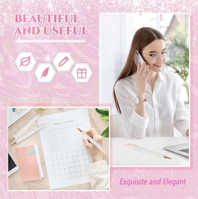 4 Pcs White Pearl Pens Rhinestone Metal Ballpoint Pens Sparkly Crystal Pens Black Ink for Women Girls Office School Supplies