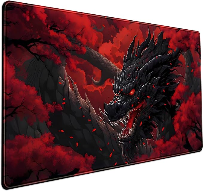 Huge Dragon Large Mouse Pad Red and Black Mousepad Red Desk Mat, Big Full Keyboard and Mouse Pad Cool Desk Pad for Keyboard Mouse with Stitched Edges Anti-Slip Funny Desk Pad, 31.5 X 15.8 in.