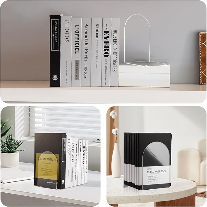 Book Ends for Shelves Clear Acrylic Bookends for Heavy Books Organizer Book Stopper to Hold Books for Home Office School and Desktop Decoration(Circular Arc) (6)
