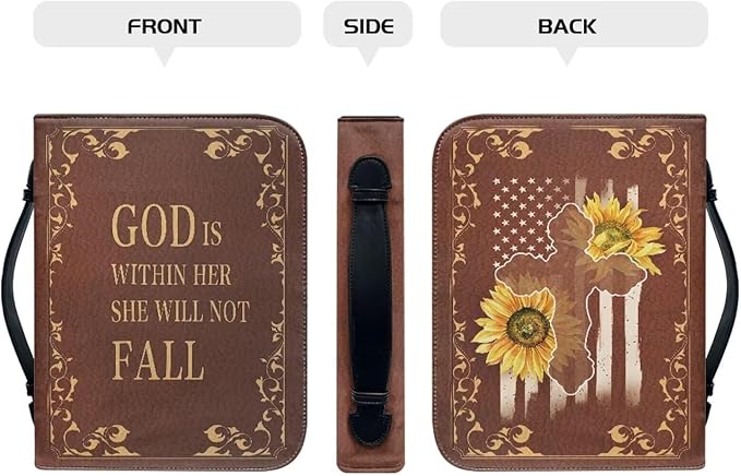 Lotusorchid Bible Case with Verse for Women Girls, Zippered PU Bible Book Cover with Handle Pocket Sunflower Pattern, Portable Durable Bible Cover Case Bible Cover Carrier Carrying Organizer Bag,M