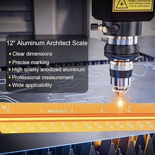 Aluminum Architectural Scale - 12" Imperial, Triangle Drafting Ruler (Golden)