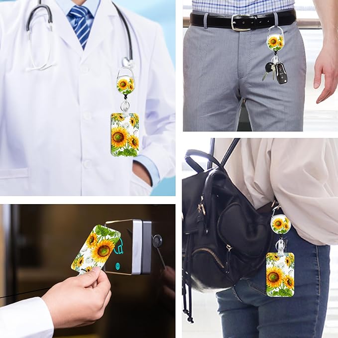 Sunflower Badge Holder with Retractable Reel and Breakaway Lanyard，Badge Clips Retractable Heavy Duty Badge Reel，Funny Keychain，ID Holder with Breakaway Lanyard for School Nurse Office Teen