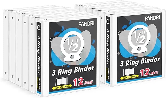 3 Ring Binder 0.5 Inch, PANDRI 12 Pack 0.5-Inch Binder Fits Letter Size 8.5'' x 11'' Paper, Versatile Binders for Office Home School, 2 Pockets, White