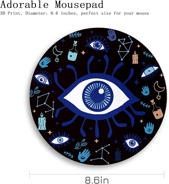 Evil Eye Round Mouse Pads for Desk, Cute Small Mousepad for Laptop Gaming Men, with Stitched Edge Non-Slip Rubber Base, Evil Eye Home Office Decor Desk Accessories Cute Office Supplies Gift for Women