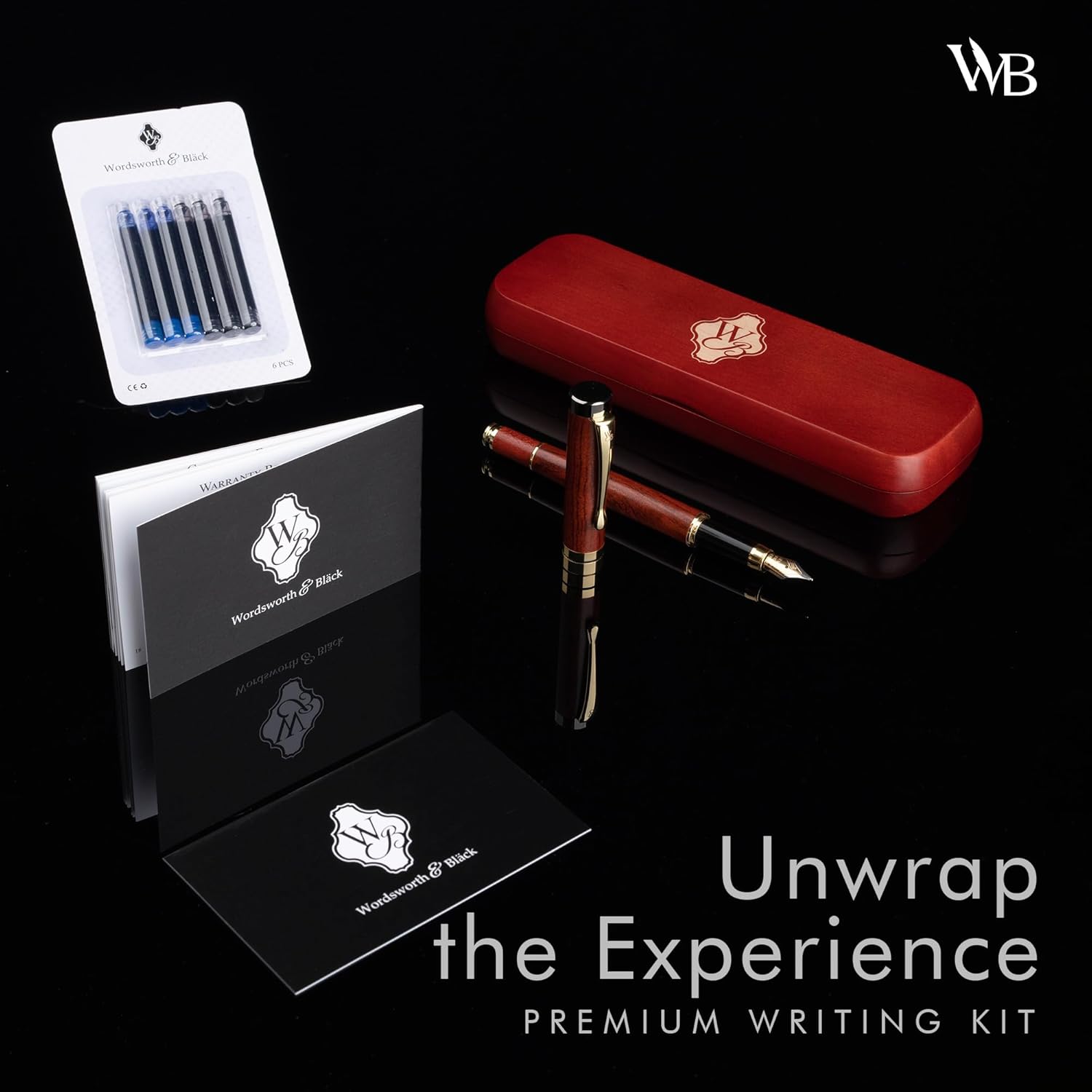 Wordsworth & Black Fountain Pen Set, Luxury Bamboo Wood - Medium Nib, Gift Case; Includes 6 Ink Cartridges, Ink Refill Converter -Journaling, Calligraphy; Drawing, Smooth Writing [Rosewood]