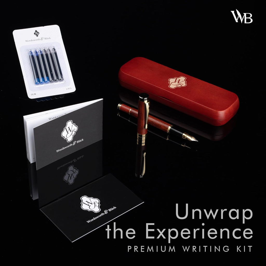 Wordsworth & Black Fountain Pen Set, Luxury Bamboo Wood - Fine Nib, Gift Case; Includes 6 Ink Cartridges, Ink Refill Converter -Journaling, Calligraphy; Drawing, Smooth Writing [Rosewood]