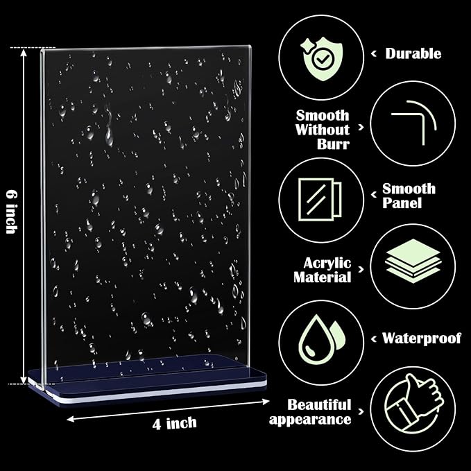 Youyole 24 Pack Acrylic Sign Holder 4 x 6'' Clear Table Sign Holder Double Sided T Shape Plastic Display Holder Menu Stand Business Store Sign Holder for Wedding School Office Hotel Party(Navy Blue)