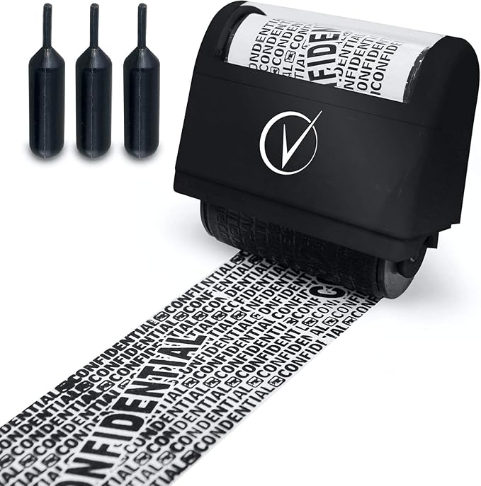 Identity Theft Protection Roller Stamps Wide Kit - Confidential Roller Stamp, Anti Theft, Privacy & Security Stamp, Designed for ID Blackout Security - Classy Black with 3 Refills