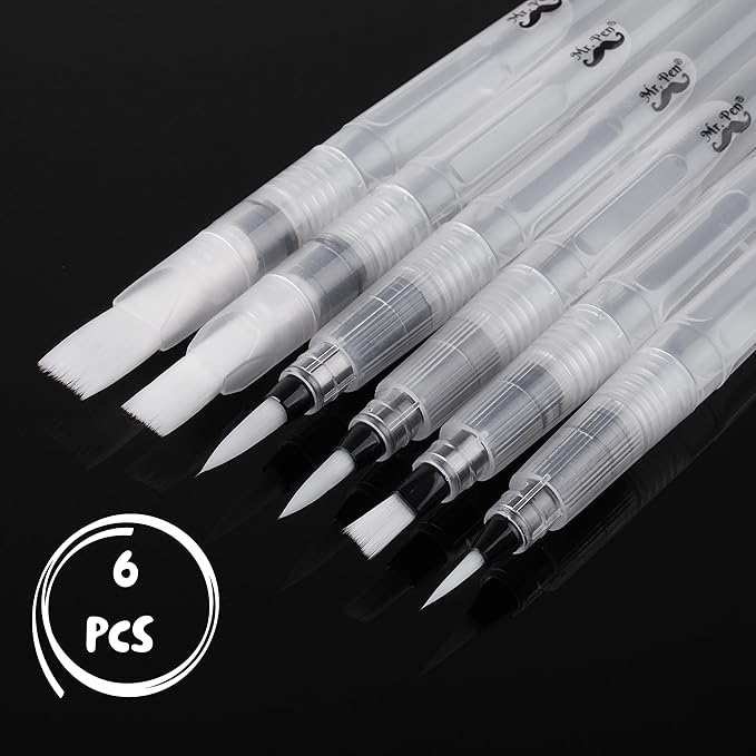 Mr. Pen Watercolor Brush Pens, 6 pcs, Pointed & Flat Tips, Nylon Bristles, White, Refillable, Portable Ink/Water Brush