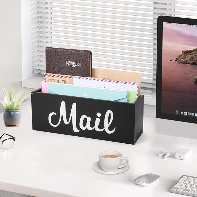 Mail Organizer Countertop, Mail Organizer Wall Mounted with Key Holder, Mail Holder for Wall, Mail Sorter Organizer, Letter Organizer, Mail Basket, Mail Tray, Letter Holder for Desk (Black)