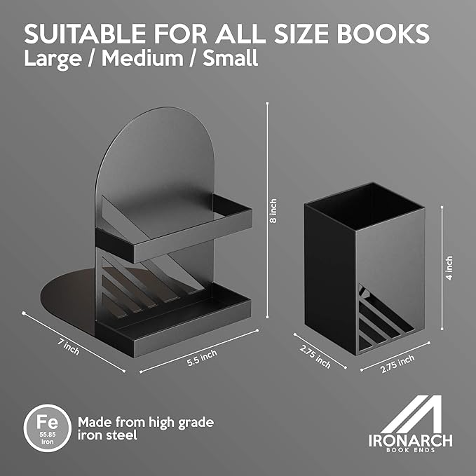 Iron Arch Modern and Decorative Bookends for Heavy Books, 200% Stronger & Heavier Than The Average Bookends, Large Bookends with Matching Bonus Storage Cup (Carbon Black)