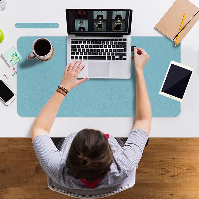 Boutilon Leather Desk Pad 24"x 14" Non-Slip Mouse Pad,Office Desk Mat,Waterprooft PU Leather Desk Blotter,Desk Pad Protector,Desk Writing Pad for Home Office Decor (S-Light Blue)