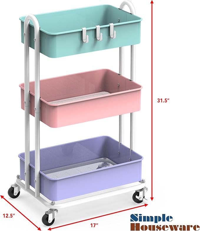 Simple Houseware Heavy Duty 3-Tier Metal Utility Rolling Cart, Multicolor