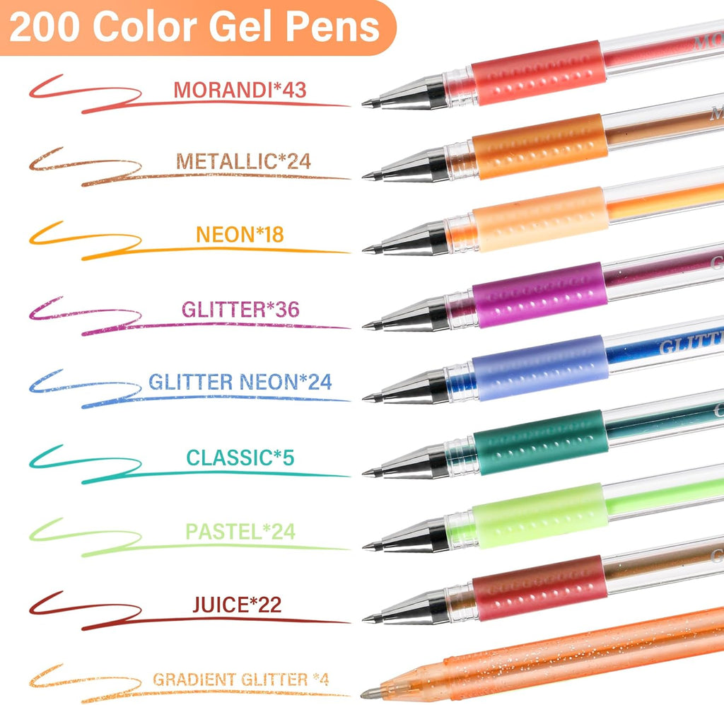 400 Pack Gel Pens for Adult Coloring Books, 200 Colored Gel Pen Include 200 Refills with 40% More Ink,Glitter Gel Pens Set for Coloring Books Drawing Journaling Scrapbook Art Supplies