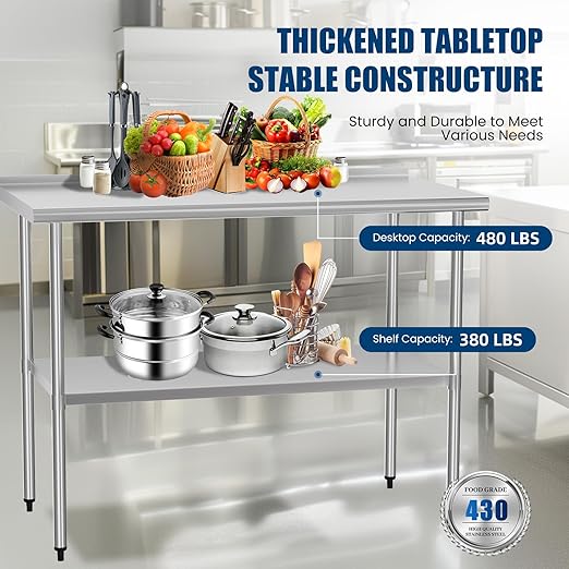 Stainless Steel Table 24 x 48 Inches Metal Prep Table with Backsplash & Adjustable Undershelf, Stainless Table for Commercial Kitchen, Outdoor, Restaurant, Hotel & Garage