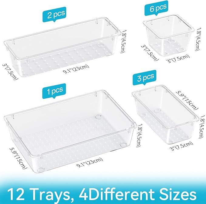12-Piece Drawer Organizer Set, 4 Sizes Clear Plastic Makeup Vanity Organizer for Makeup, Stationery, Gadgets, Kitchen, Bathroom, Office, Bedroom