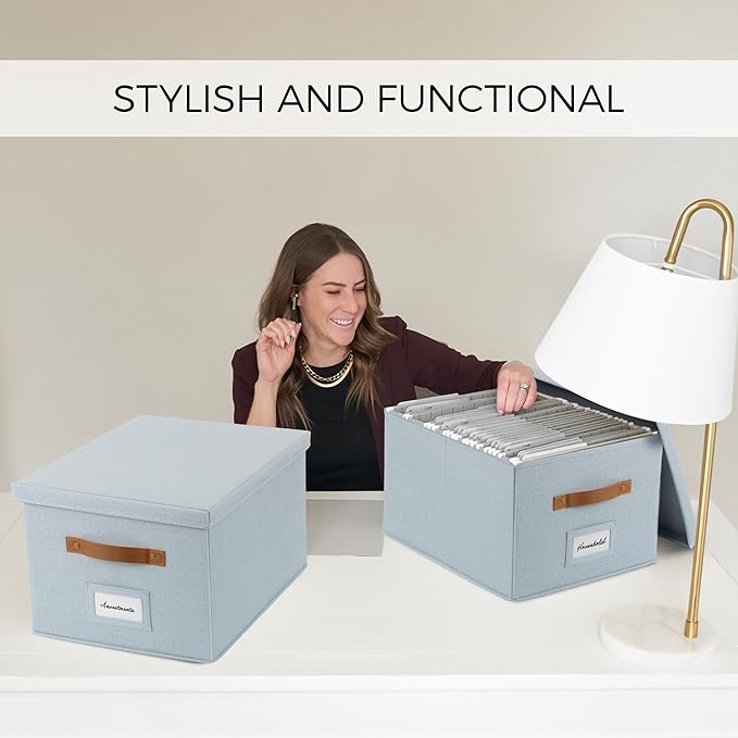 ZICOTO Decorative File Organizer Box Set of 2 - Collapsible Linen Filing Cabinets w/Handles Are Perfect to Store all Your Documents & Hanging File Folders - Portable Easy Slide Crates with Lid
