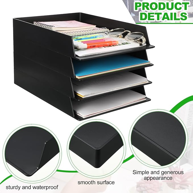 Wenqik 6 Pcs Stackable Paper Trays Rectangular Plastic Desk Tray Holder Desktop Document File Paper Organizer Plastic Storage Letter Tray for Office Classroom, Black