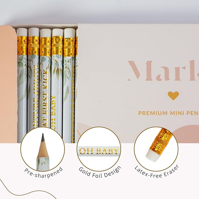 Markt Mini Pencils For Baby Shower Games For Girl Or Boy, Heart Pencils, Small Pencil Set (Greenery, Eucalyptus)