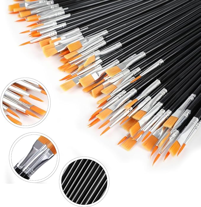 AROIC Small Paint Brushes Bulk,110 Pcs Black Nylon Hair Paint Brushes with Flat and Round Pointed Acrylic Paint Brush Set,Craft Oil Watercolor Face Artist and Kids Painting Kits