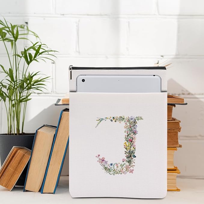 Monogrammed Book Sleeve Floral J Initial Book Pouch Book Accessories Book Lovers Gifts Waterproof Book Cover Book Protector Bookish Gifts Personalized Gifts for Women Girls Readers Bride Bestie