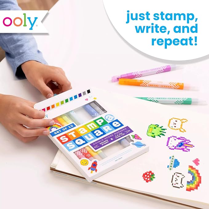 Ooly 12 Double-Sided Square Stamping Markers with a Square Stamp and 0.8mm Fine Point Tip on Each Side, Easter Activities for Kids, Ideal for Pixel Art, List Making and More