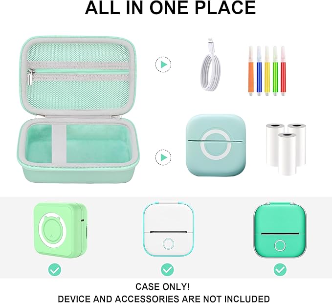 Hard Travel Case for Cabaro Mini Printer Sticker Thermal Printer, Bluetooth Portable Phone Printer Storage Holder Protection Case with Zipper Mesh Pocket fit Rolls Paper, Charging Cable, Green