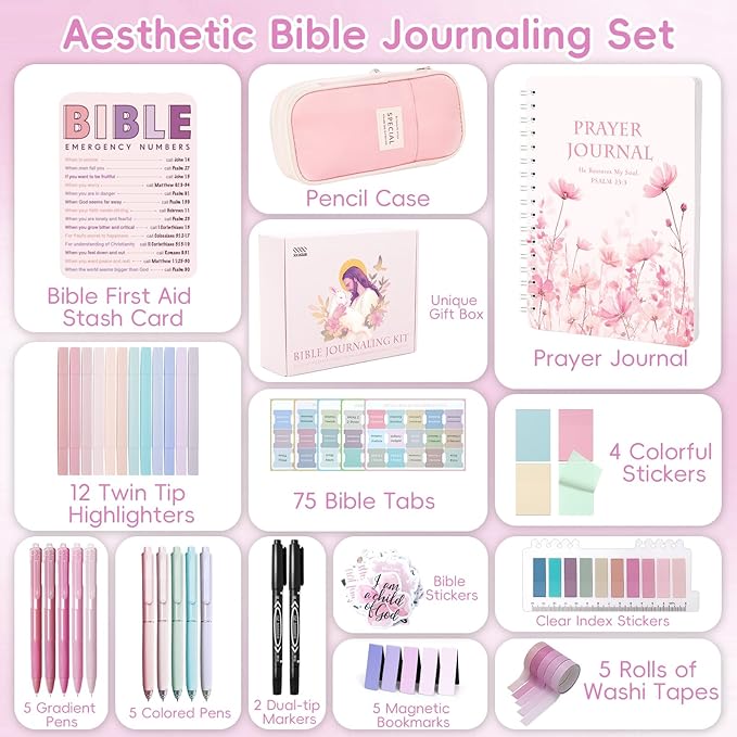 XKDOUS Bible Study Supplies Journaling Kit for Women, Bible Study Kit, Bible Study Tools with Prayer Journal Pencil Case Bible Accessories, Christian Gifts for Women, Pink