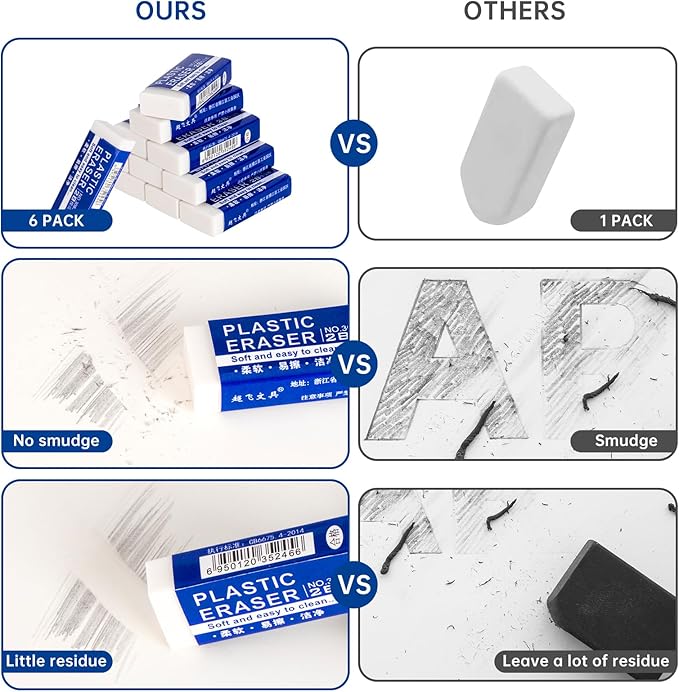 6 Pack Pencil Erasers, Large White Erasers for School, Art Erasers for Kids Drawing Bulk