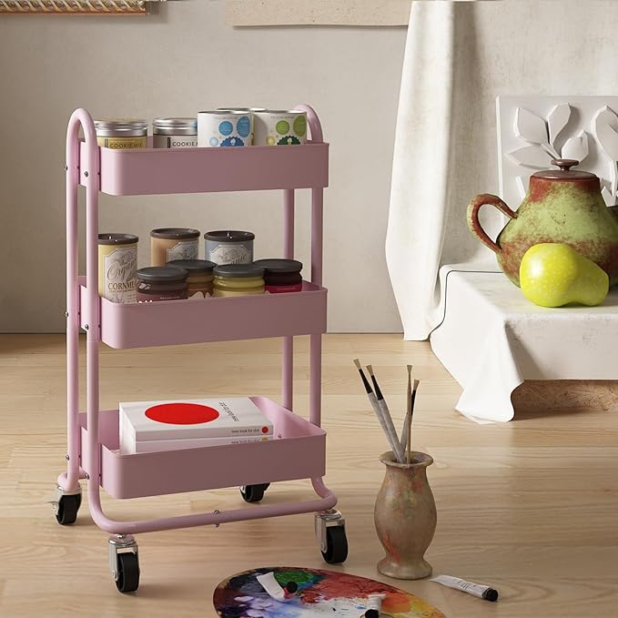3-Tier Pink Utility Rolling Cart,Kitchen Storage Carts with Wheels,Pink Metal Rolling Cart for Office,Home,Kitchen,Garden（13.4"x18.1"x31"） Pink