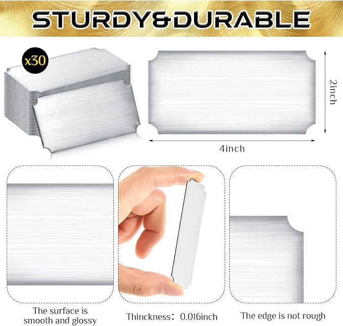 Therwen 30 Pcs Name Plates Laser Engraved Brushed Stainless Steel Plate Personalized Plaque Blank Custom Name Tag Frame Label with Adhesive Backing(Silver Notched Corner,4''x 2'')