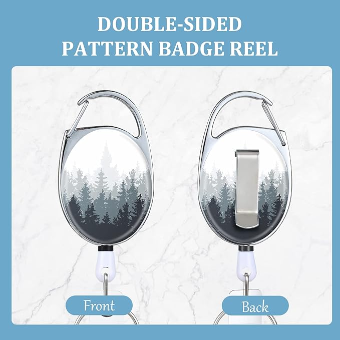 Badge Reels Retractable，Double Sided Color Print Pattern Retractable Badge Holders，with Retractable Keychain, Badge Clip and Key Ring，Durable Nylon Retractable Rope，Forest