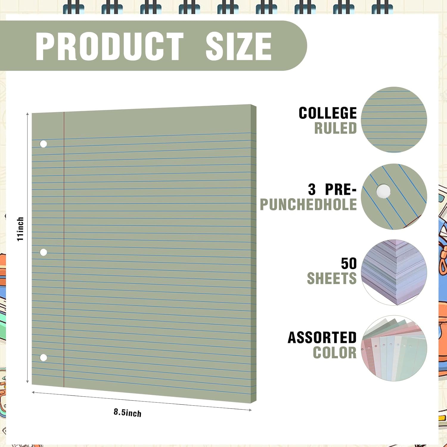 PerKoop 600 Sheets Colored Loose Leaf Paper 8.5" x 11" college ruled Lined 3 Hole Punched notebook Filler Paper for 3 Ring Binders Office School Supplies (Morandi Colors)
