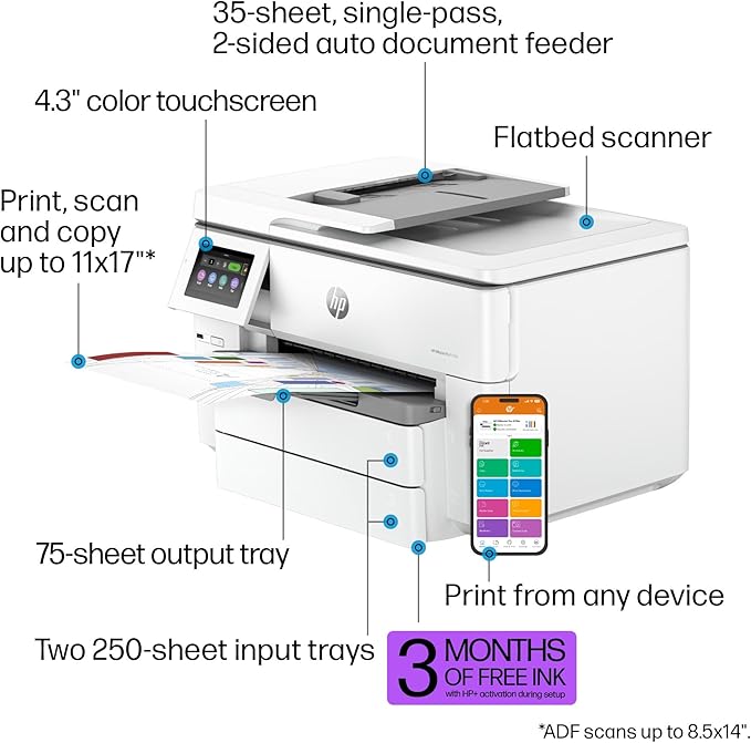 HP OfficeJet Pro 9730e Wide Format Wireless All-in-One Color Inkjet Printer, Print, scan, Copy up to 11x17', ADF, Duplex Printing Best for Office, 3 Months of Instant Ink Included (537P6A)