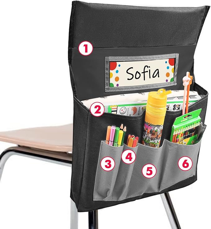 Black Chair Back Pocket School Seat Chair Storage Pocket Organizer with Label Slot Multiple Pockets for School Home Classroom Preschool Daycare