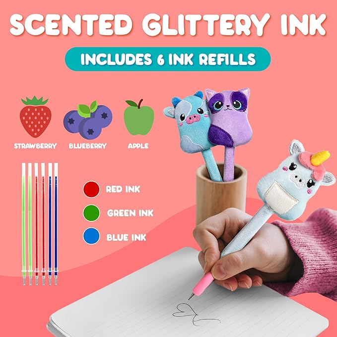 BUNMO Easter Gifts for Girls - Cute Pens - Cute Gel Pens w/Soft Grip & 6 Refills - Gifts for Tweens- Girls Easter Basket Stuffers - Fun Writing for Kids - Gift for Teens - Plush 3 Pack
