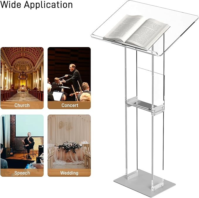 HMYHUM Acrylic Podium Stand, Clear Lecterns & Pulpits for Classroom, Weddings, Churches, Speech, with Storage Shelf, Metal Base, 23.6" L x 15.7" W x 46.1" H, Modern