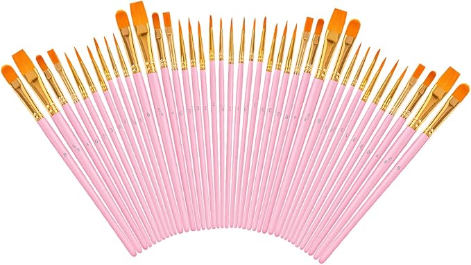 Soucolor Acrylic Paint Brushes Set, 40Pcs Round Pointed Tip Artist Paintbrushes for Acrylic Painting Oil Watercolor Rock Body Face Nail Art, Halloween Pumpkin Ceramic Crafts Supplies, Pink